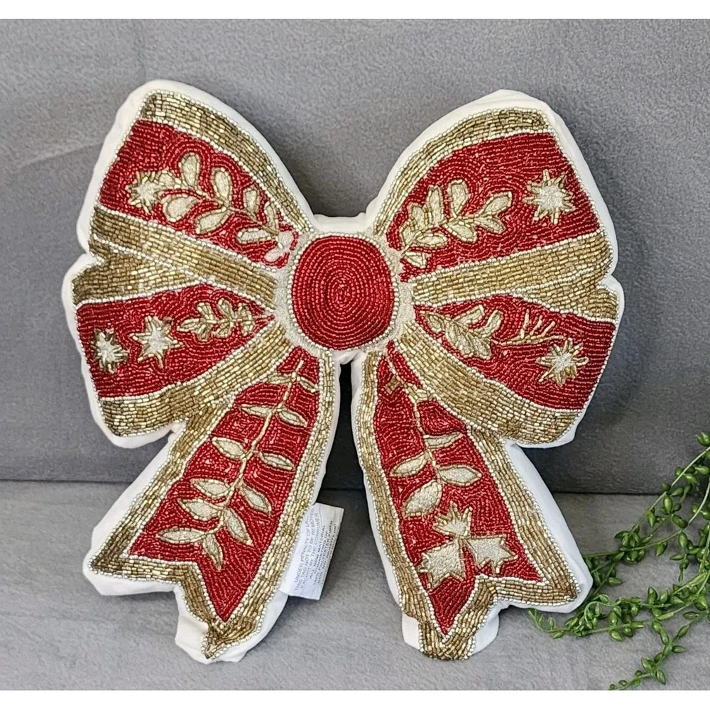 Christmas Red Gold Beaded Bow Coquette Decorative Pillow Home Decor 16x16‎ NEW